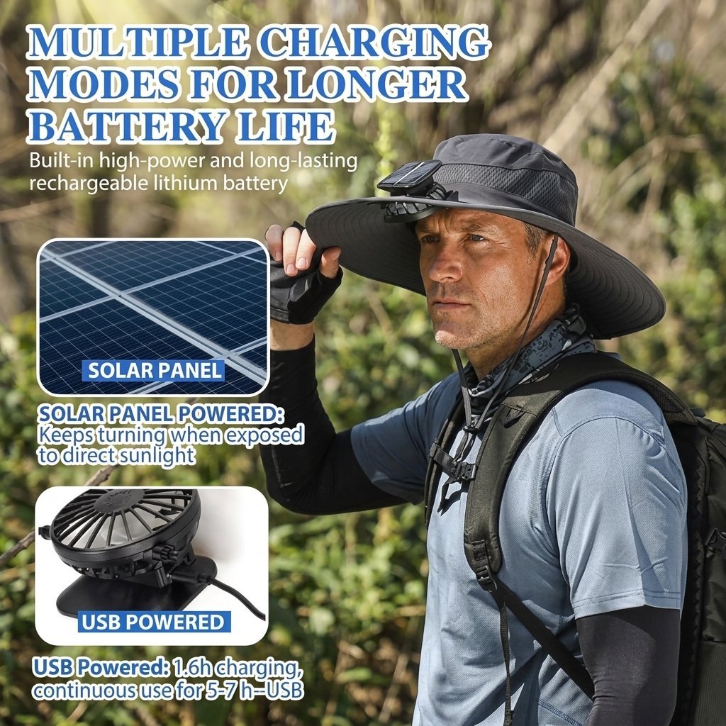 🔥Father's Day Sale 49% OFF - Wide Brim Solar Fan Outdoor Fishing Hat-Solar & USB Charging
