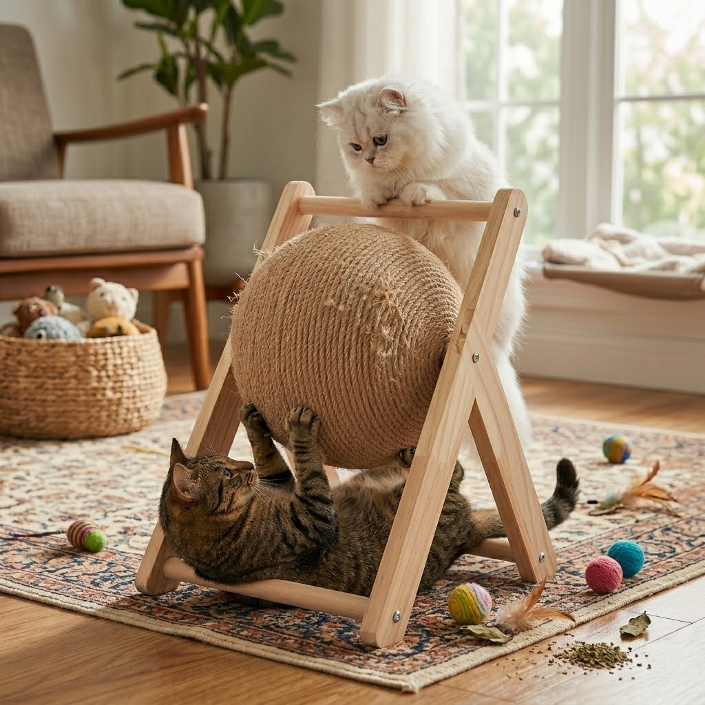 Premium Wooden Rotating Sisal Cat Scratching Ball