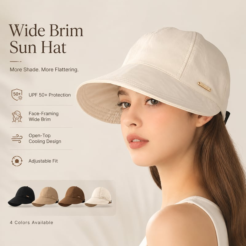 👒🔥Flattering Wide Brim Sun Hat for Women – UPF 50+ Face-Framing Visor Cap for Beach, Travel & Outdoor Wear