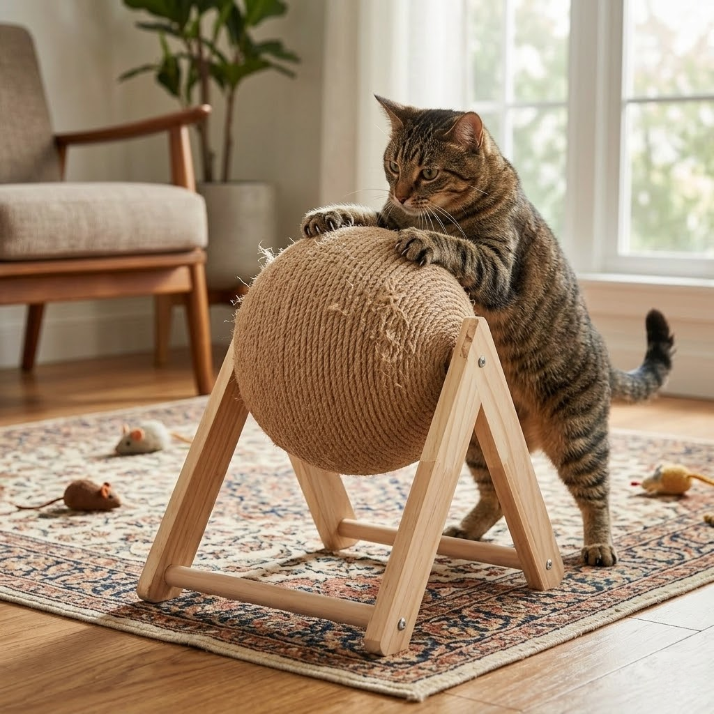 Premium Wooden Rotating Sisal Cat Scratching Ball